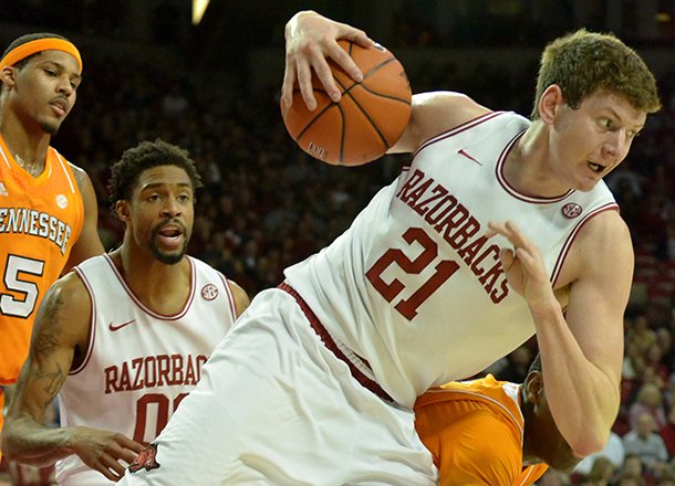 NWA Media/MICHAEL WOODS --02/02/2013-- Arkansas forward Hunter Mickelson pulls in a rebound during the first half of Saturday afternoon's game against Tennessee at Bud Walton Arena in Fayetteville. NWA Media/MICHAEL WOODS --02/02/2013-- Arkansas forward Hunter Mickelson pulls in a rebound during the first half of Saturday afternoon's game against Tennessee at Bud Walton Arena in Fayetteville.