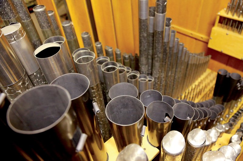 The organ at Little Rock’s First United Methodist Church has more than 3,300 pipes enclosed in a room above the sanctuary. 