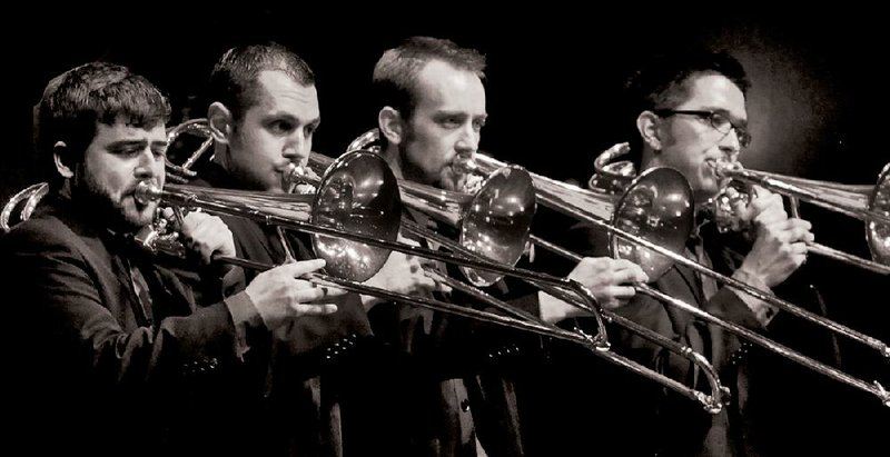 Trombone quartet Maniacal 4 — (from left) Nick Laufer, Alex Dubrov, Carl Lundgren and Matt Jefferson — will give concerts this week in Jonesboro and Monticello. 