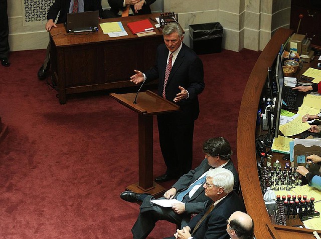 Gov. Mike Beebe speaks to members of the Arkansas Senate at the Capitol in Little Rock on Monday, urging them to support a $1.1 billion steel plant project in Mississippi County. Lawmakers will need to approve $125 million in bonds to help finance the project. 