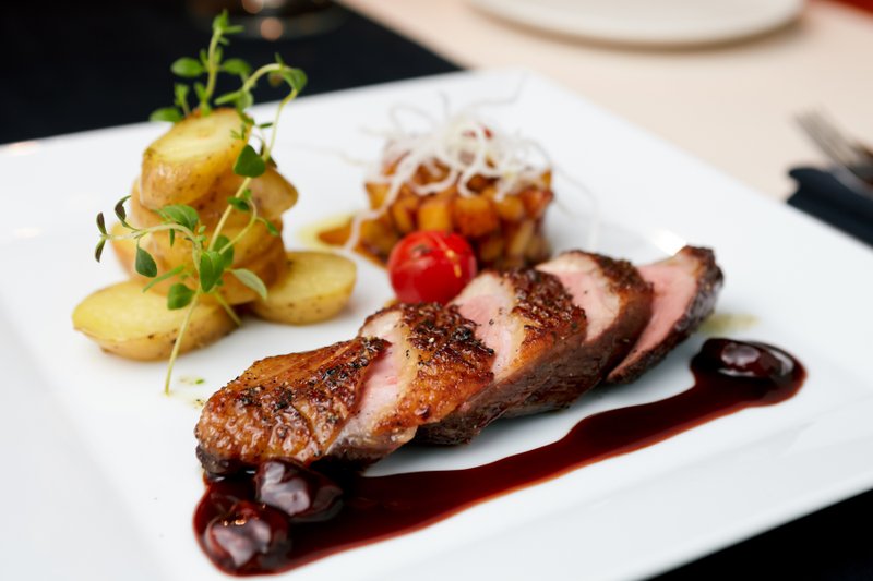 Crispy Duck Breast With Cherry Port Sauce