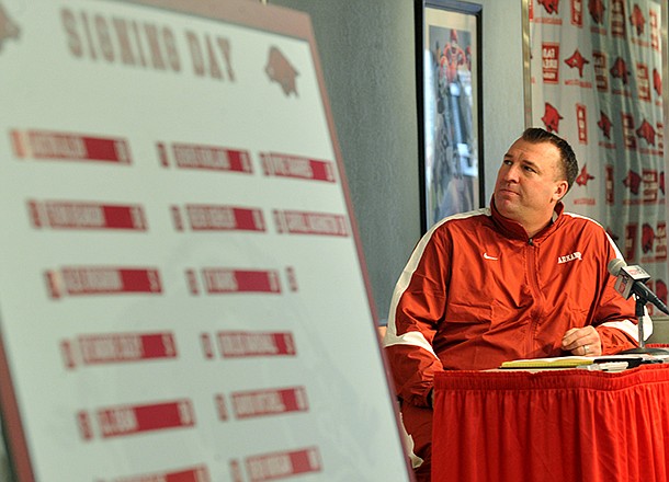 University of Arkansas head football coach Bret Bielema talks about the 22 players who committed to the Razorbacks as he conducts a press conference Wednesday afternoon in Fayetteville. 