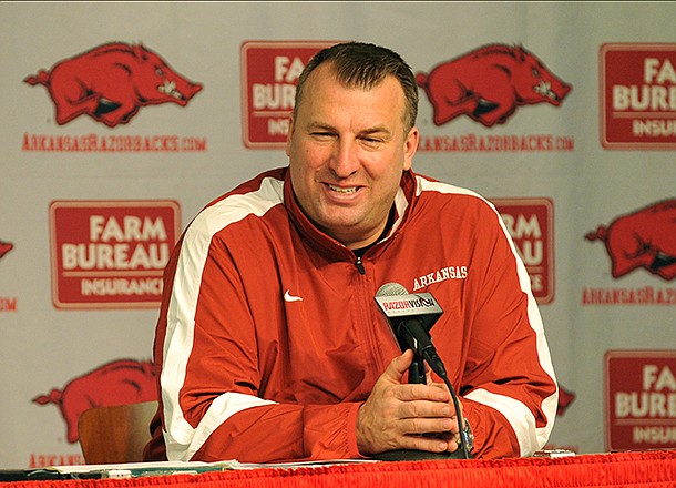 University of Arkansas head football coach Bret Bielema talks about the 22 players who committed to the Razorbacks as he conducts a press conference Wednesday afternoon. 
