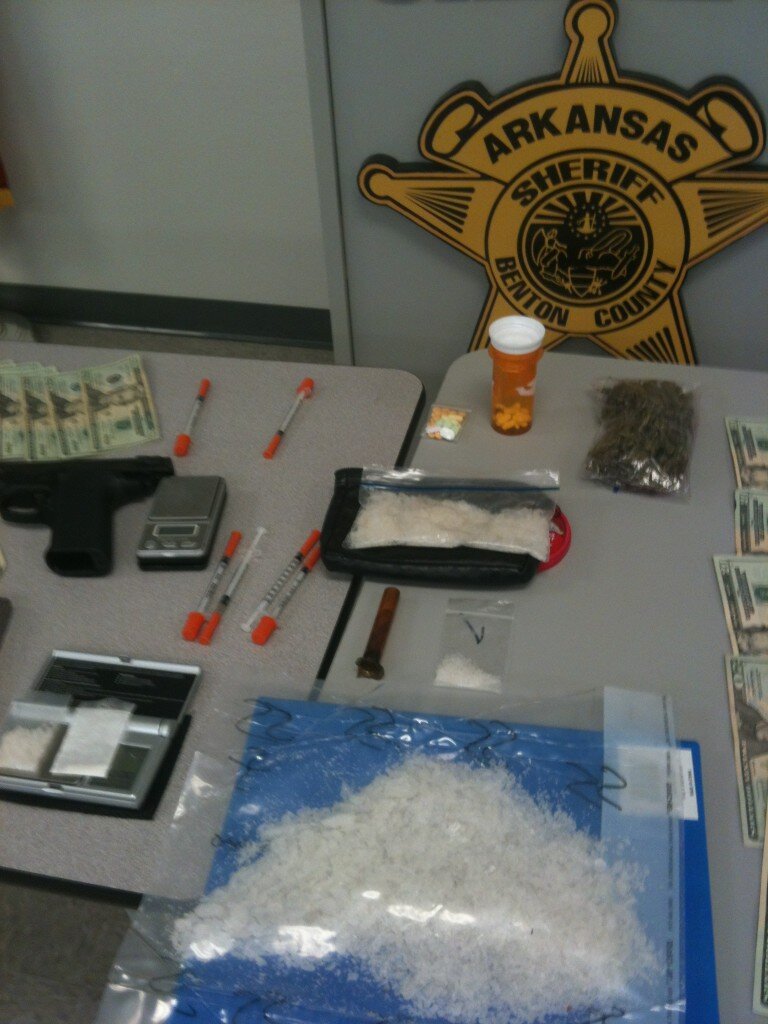 A display of items seized by the Benton County Sheriff's Office in a Rogers drug sting.