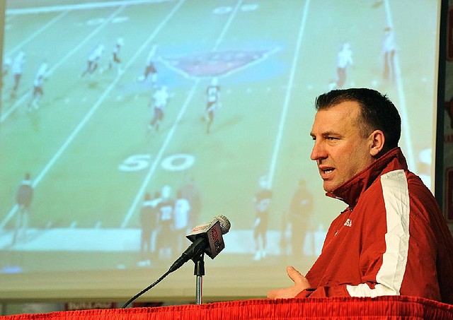 NWA Media/MICHAEL WOODS  --02/06/2013-- University of Arkansas head football coach Bret Bielema talks about the 22 players who committed to the Razorbacks as he conducts a press conference Wednesday afternoon in Fayetteville to talk about the new Razorback players.