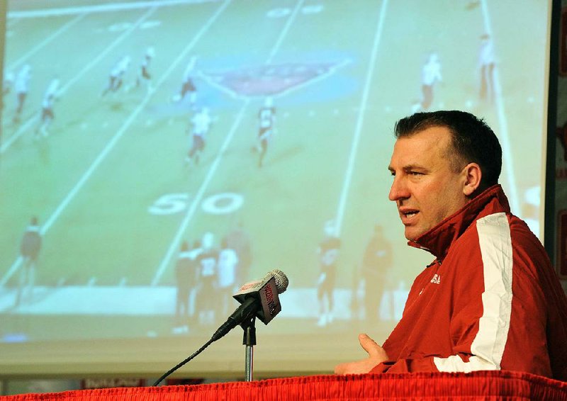 NWA Media/MICHAEL WOODS  --02/06/2013-- University of Arkansas head football coach Bret Bielema talks about the 22 players who committed to the Razorbacks as he conducts a press conference Wednesday afternoon in Fayetteville to talk about the new Razorback players.