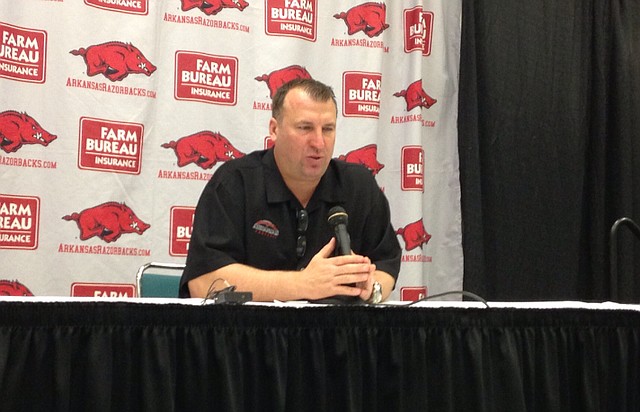 Arkansas coach Bret Bielema speaks at his Thursday evening press conference to discuss the Razorbacks' 2013 recruiting class.