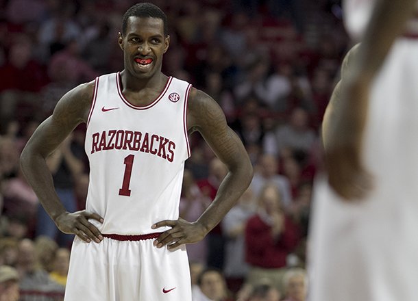 Arkansas' Mardracus Wade (1) smiles after a made free-throw during the first half an NCAA college basketball game against Florida in Fayetteville, Ark., Tuesday, Feb. 5, 2013. (AP Photo/Gareth Patterson)