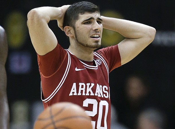 Arkansas guard Kikko Haydar walks down the court after Arkansas was called for a foul late in the second half of an NCAA college basketball game Saturday, Feb. 9, 2013, in Nashville, Tenn. Vanderbilt won 67-49. (AP Photo/Mark Humphrey)