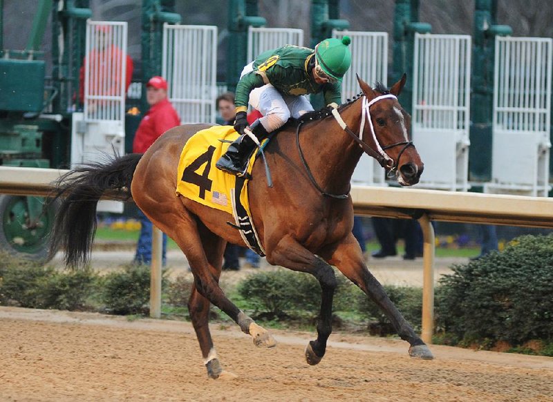Jockey Ricardo Santana brings Sister Ginger home 2 3/4 lengths in front of favored Rose to Gold in Saturday’s Martha Washington Stakes at Oaklawn Park in Hot Springs. 