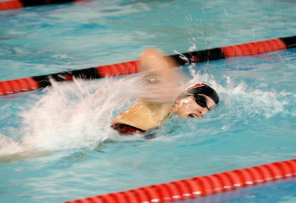 Springdale’s Mariah Lucas competes in the 500 freestyle on Jan. 31 during the Bentonville Invitational Meet. 