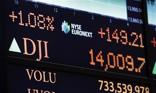 A board on the floor of the New York Stock Exchange shows the closing number for the Dow Jones industrial average, Friday, Feb. 1, 2013. The Dow stock market index closed above 14,000 for the first time since before the financial crisis rocked the world economy. It's gained 6.9 percent this year.