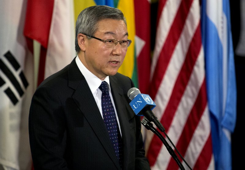 South Korea's Foreign Minister Kim Sung-hwan speaks at a news conference after the U.N. Security Council held an emergency meeting on North Korea's nuclear test at U.N. headquarters Tuesday, Feb. 12, 2013.