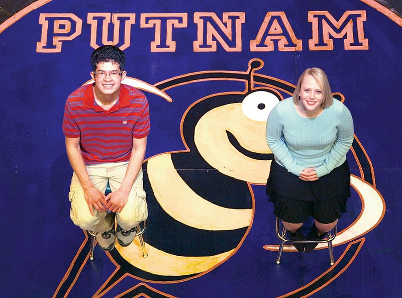 Kevin Spatz and Elizabeth Williams, both of Conway, rehearse a scene in the upcoming Hendrix College production of The 25th Annual Putnam County Spelling Bee, directed by Ann Muse. The first of four free performances will begin at 7:30 p.m. Wednesday in the Cabe Theater on campus.