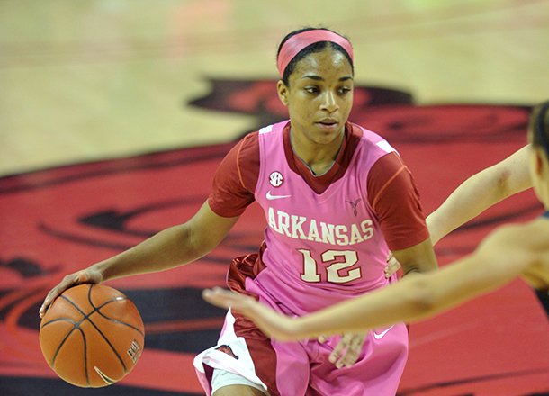 Arkansas' Dominique Wilson tries to get past the Missouri defenders in the second half of Sunday afternoon's game at Bud Walton Arena in Fayetteville.