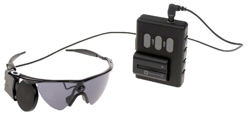 Second Sight Medical Products has developed this small video camera and transmitter mounted on a pair of glasses, which can be used to gather images that are processed into electronic data that are wirelessly transmitted to electrodes implanted into a vision-impaired patient’s retina. 