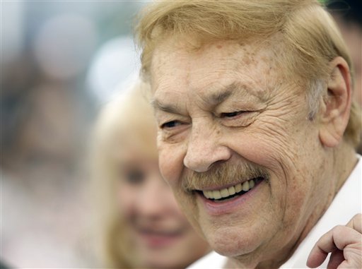 In this May 8, 2008 file photo, Los Angeles Lakers owner Jerry Buss smiles at the Playmate of the Year luncheon at the Playboy Mansion in Los Angeles. Buss, the Lakers' playboy owner who shepherded the NBA franchise to 10 championships, has died. He was 80. Bob Steiner, an assistant to Buss, confirmed Monday, Feb. 18, 2013 that Buss had died in Los Angeles. Further details were not available
