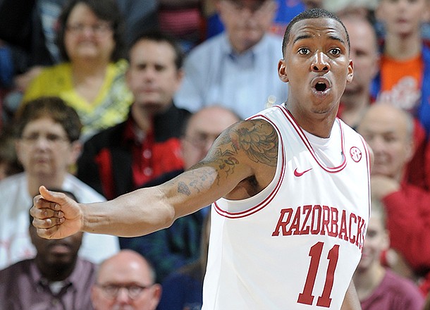 BJ Young reacts during the second half of Arkansas' win over Florida on Feb. 5. 
