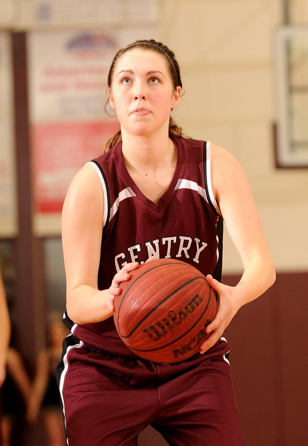 Gentry’s Shelby Hammond shoots a free throw during the Lady Pioneers’ game Feb. 13 against Lincoln in Gentry. 