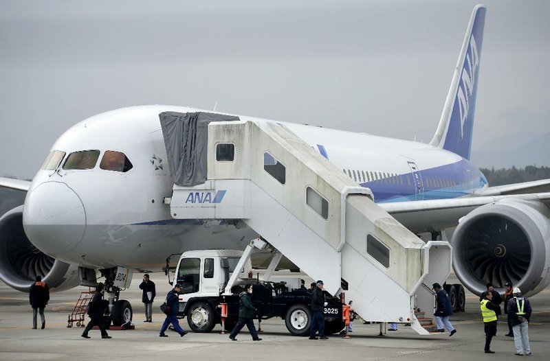 FILE - In this Jan. 17, 2013 file photo, officials examine an All Nippon Airways 787 a day after it made an emergency landing at Takamatsu airport in Takamatsu, western Japan.  A probe into the overheating of a lithium ion battery in the All Nippon Airways Boeing 787 found it was improperly wired, Japan's Transport Ministry said Wednesday, Feb. 20, 2013.  (AP Photo/Kyodo News)  JAPAN OUT, MANDATORY CREDIT, NO LICENSING IN CHINA, HONG KONG, JAPAN, SOUTH KOREA AND FRANCE