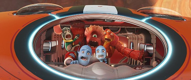 Aliens Doc (voice of Craig Robinson), Io (Jane Lynch), Thurman (George Lopez), Scorch Supernova (Brendan Fraser) and Gary (Rob Corddry) panic as they attempt to Escape From Planet Earth in the computer-animated feature. 