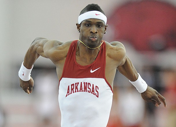 Arkansas senior Tarik Batchelor competes in the triple jump Sunday, Feb. 24, 2013, during the Southeastern Conference Indoor Track and Field Championships at the Randal Tyson Track Center in Fayetteville.