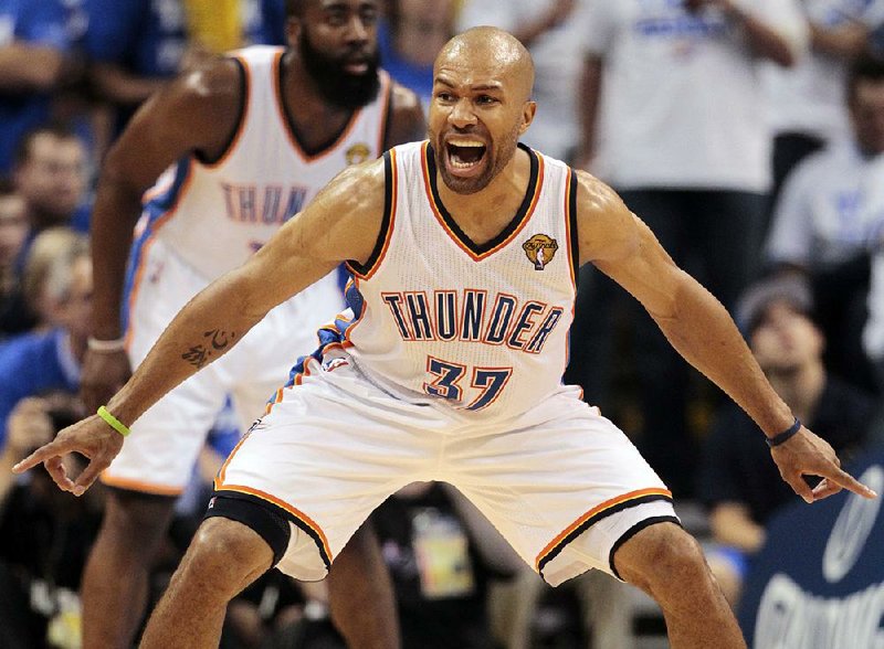 Point guard Derek Fisher (37), who played for Oklahoma City during last season’s run to the NBA Finals, was re-signed by the Thunder on Monday after Eric Maynor got traded to Portland. 