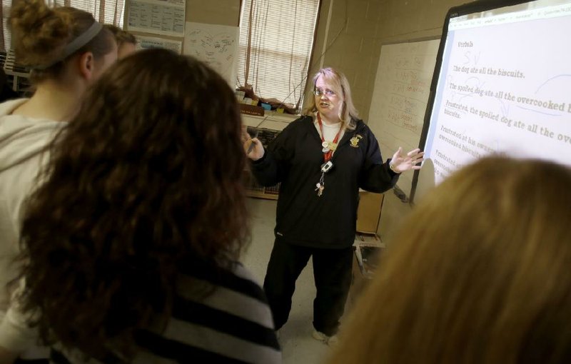 NWA Media/DAVID GOTTSCHALK

2/12/13

Pre-AP Literacy teacher Anne Minton reviews work in the front of class Tuesday morning to students at Prairie Grove Middle School. Minton uses a "flipped" classroom that allows students to learn the lesson at home online and then review and complete homework in class.