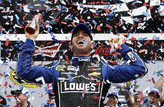 Jimmie Johnson celebrates in Victory Lane after winning the Daytona 500 on Sunday afternoon in Daytona Beach, Fla. It was the second Daytona 500 victory for Johnson, a five-time NASCAR champion who first won the race in 2006. 