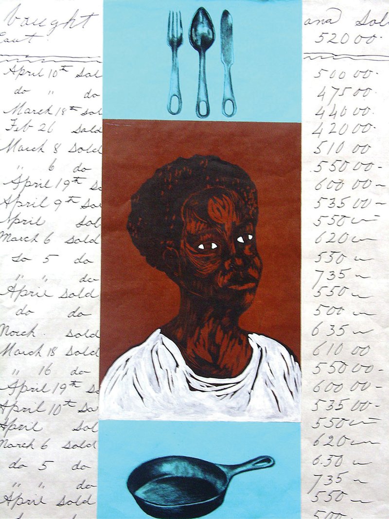 Memories of Mason jars from artist Delita Martin’s childhood become an element of her print titled Alma (AL ma): Her Soul. The work includes media such as handwritten text and ballpoint pen. 