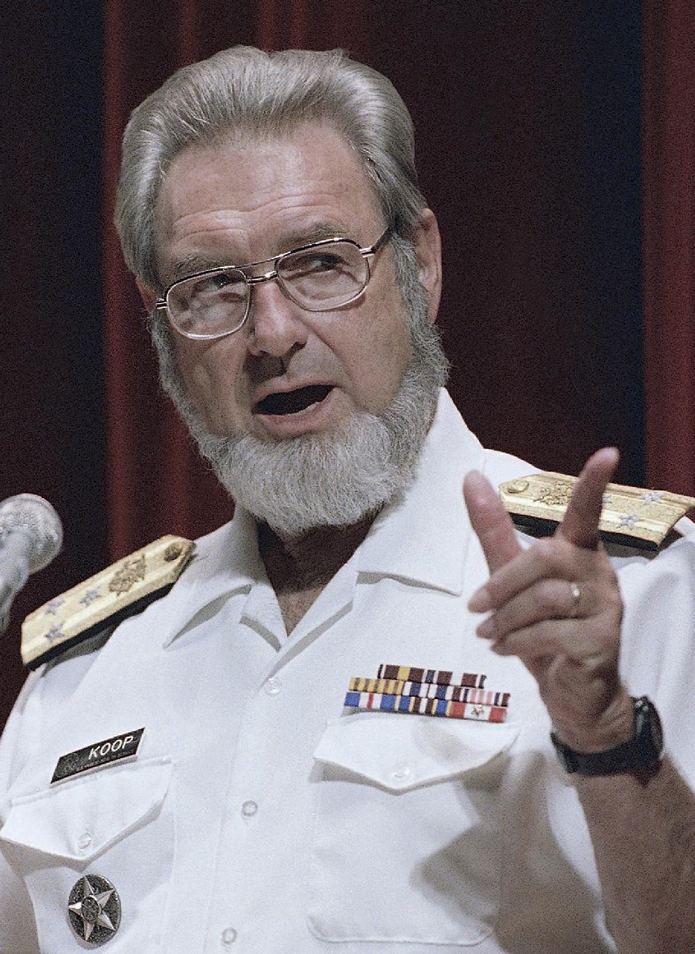 FILE - In this Sept. 14, 1988 file photo, U.S. Surgeon General C. Everett Koop speaks in Philadelphia. Koop, who raised the profile of the surgeon general by riveting America's attention on the then-emerging disease known as AIDS and by railing against smoking, died Monday, Feb. 25, 2013, in Hanover, N.H. He was 96. (AP Photo/Robert J. Gurecki, File)