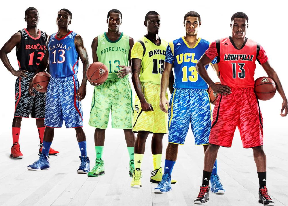 This undated image provided by Adidas shows models wearing new college basketball uniforms for, from left, Cincinnati, Kansas, Notre Dame, Baylor, UCLA and Louisville. (AP Photo/Adidas)