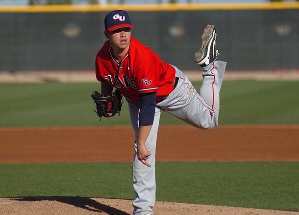 Gonzaga left-hander Marco Gonzales delivers a pitch during the Bulldogs' 3-0 win over Arkansas on Friday in Surprise, Ariz. 