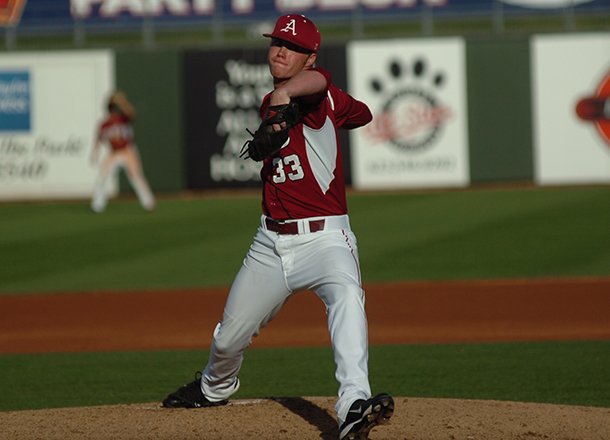 Arkansas pitcher Trey Killian delivers a pitch during the second inning Saturday at Surprise Stadium in Surprise, Ariz. 