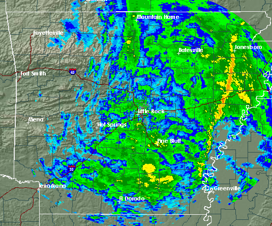 This map released by the National Weather Service shows the radar image of Arkansas around 12:37 p.m. Sunday.