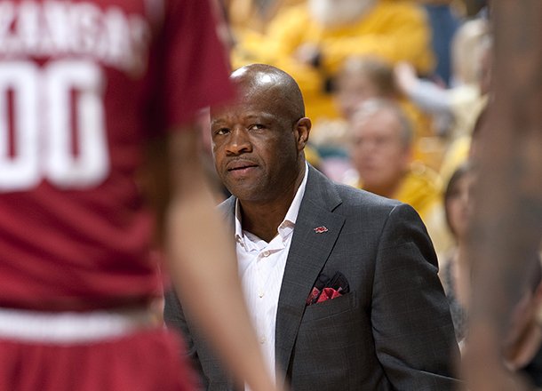 Arkansas head coach Mike Anderson looks at his players during the first half of an NCAA college basketball game against Missouri Tuesday, March 5, 2013, in Columbia, Mo. (AP Photo/L.G. Patterson)