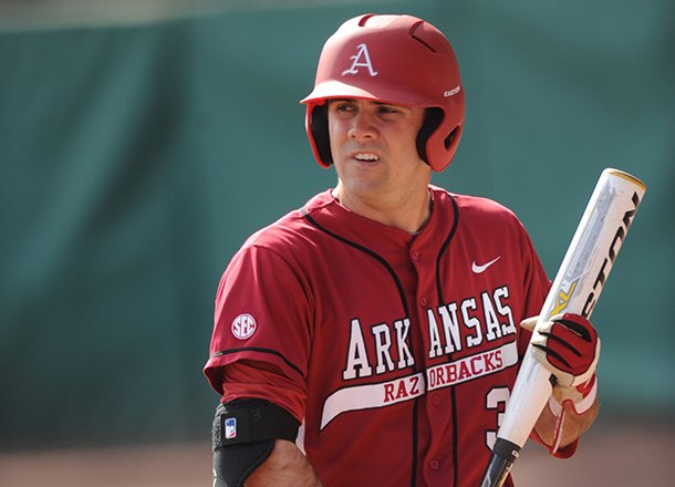 Arkansas second baseman Jacob Mahan waits in the on-deck circle Wednesday, March 13, 2013, during the second inning of play against Alabama A&M at Baum Stadium.