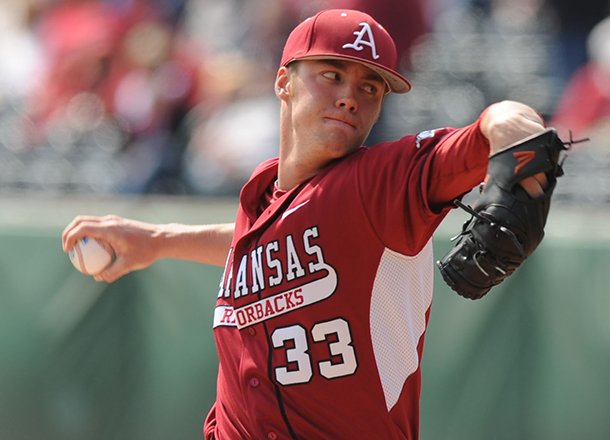 Arkansas starter Trey Killian delivers a pitch against San Diego State Saturday, March 9, 2013, during the sixth inning of play at Baum Stadium. Killian pitched seven hitless innings.
