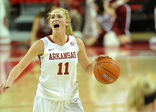 Arkansas guard Calli Berna brings the ball down court during the Razorbacks' game against the SIUE Cougars in the first half of Thursday evening's game at Bud Walton Arena in Fayetteville.