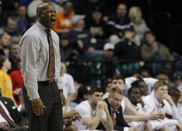Arkansas coach Mike Anderson yells at his team during their 75-72 loss in the Southeastern Conference tournament game in Nashville Thursday.