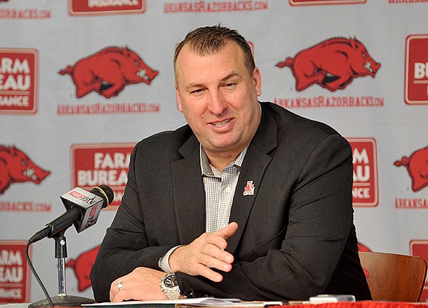 Head football coach Bret Bielema speaks to reporters during a press conference Friday afternoon at the University of Arkansas in Fayetteville. 