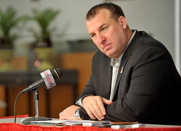 University of Arkansas head football coach Bret Bielema speaks to reporters during a press conference Friday afternoon in Fayetteville. Bielema spoke about the players on the team and answered questions about the expectations of this year's football team.