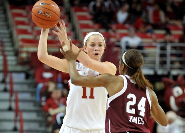 Arkansas point guard Calli Berna tries to get the ball past Texas A&M defender Jordan Jones during a game at Bud Walton Arena in Fayetteville.