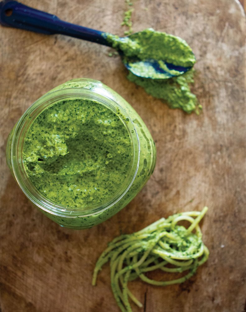 Pesto can be made from a variety of hearty greens such as kale, chard, collards and rapini.