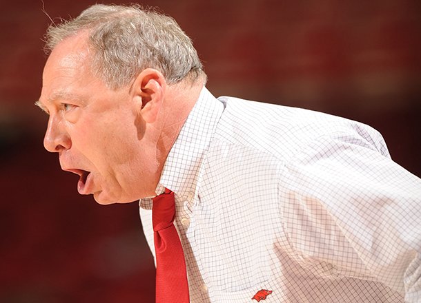 Arkansas coach Tom Collen directs his players against South Carolina during the second half Sunday, Jan. 27, 2013, in Bud Walton Arena.