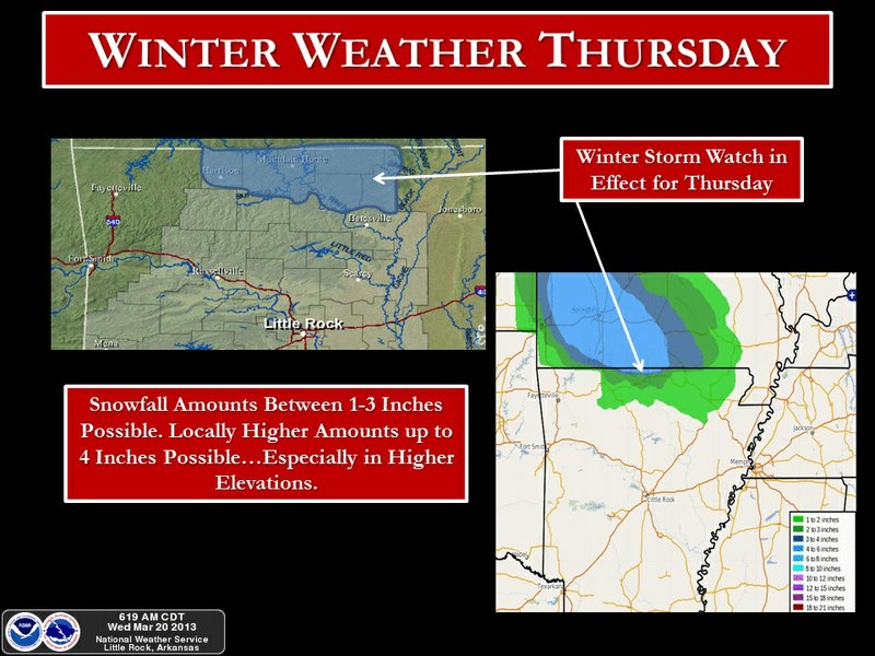 This Graphicast from the National Weather Service in Little Rock shows the area of north Arkansas most likely to receive wintry precipitation on Thursday.