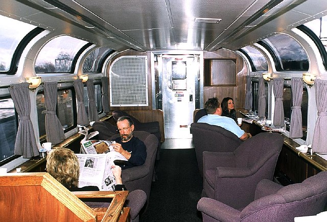 Passengers on the California Zephyr enjoy the relaxation of the lounge car. 