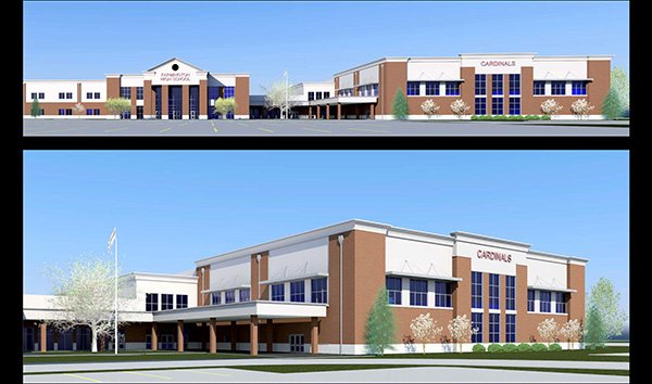 Rendering of a new 1,800-seat arena for Farmington High School, which will be built on a 45-acre tract on Arkansas 170 on the south side of town. The Farmington School District hopes to begin construction of the arena and a fine arts complex behind the arena (not visible in the rendering) in early summer and to be completed in January 2015. The design is by Hight-Jackson Architects in Rogers. The project will cost about $9.5 million.