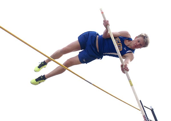 Decatur senior Evan Owens clears 11 feet during pole vault competition in Gravette on Thursday, March 28, 2013.