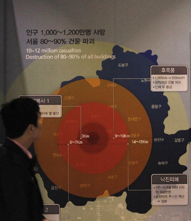 A man looks at the display showing possible damage if a 1 megaton class nuclear weapon is detonated in Seoul, at the Korea War Memorial Museum in Seoul, South Korea, Tuesday, April 2, 2013. North Korea vowed Tuesday to restart all mothballed facilities at its main Yongbyon nuclear complex, adding to tensions already raised by near daily warlike threats against the United States and South Korea.(AP Photo/Ahn Young-joon)